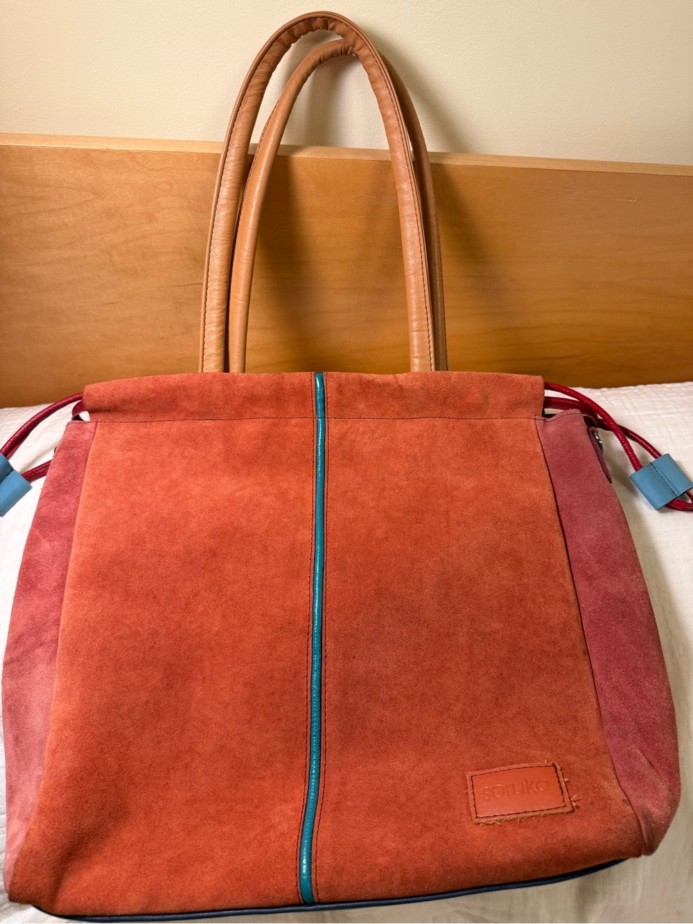 Soruka, Suede Shoulder Bag in Burnt Orange with Turquoise Trim